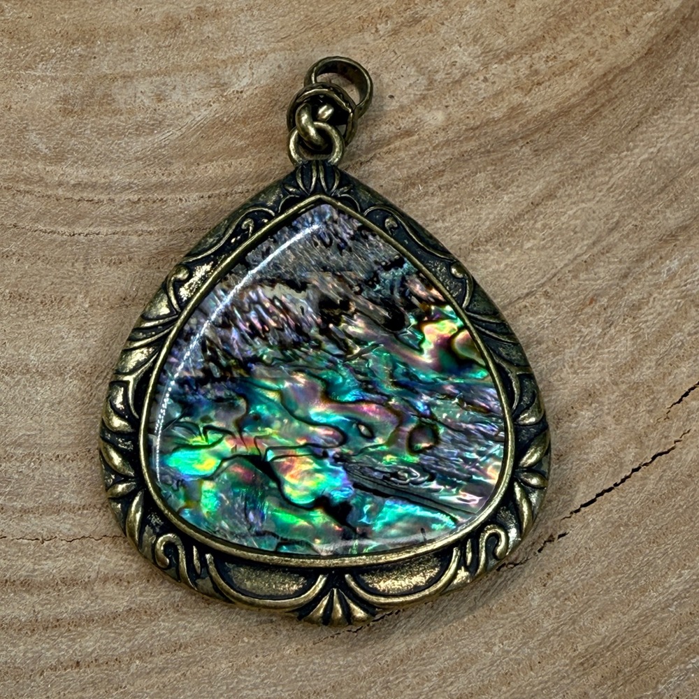 Vintage Abalone Shell Bird Brass Pendant Iridescent Teardrop Necklace Charm